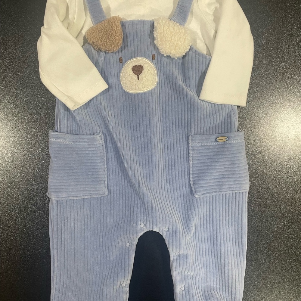 Mayoral White and Blue LS Faux Overall Outfit with Puppy on front 6-9 mo. 🐶